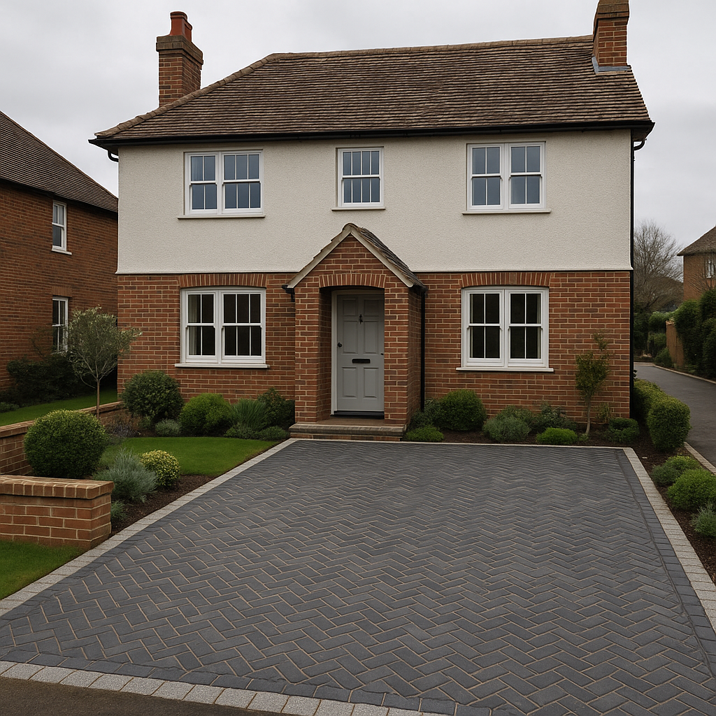 Block paving, charcoal herringbone